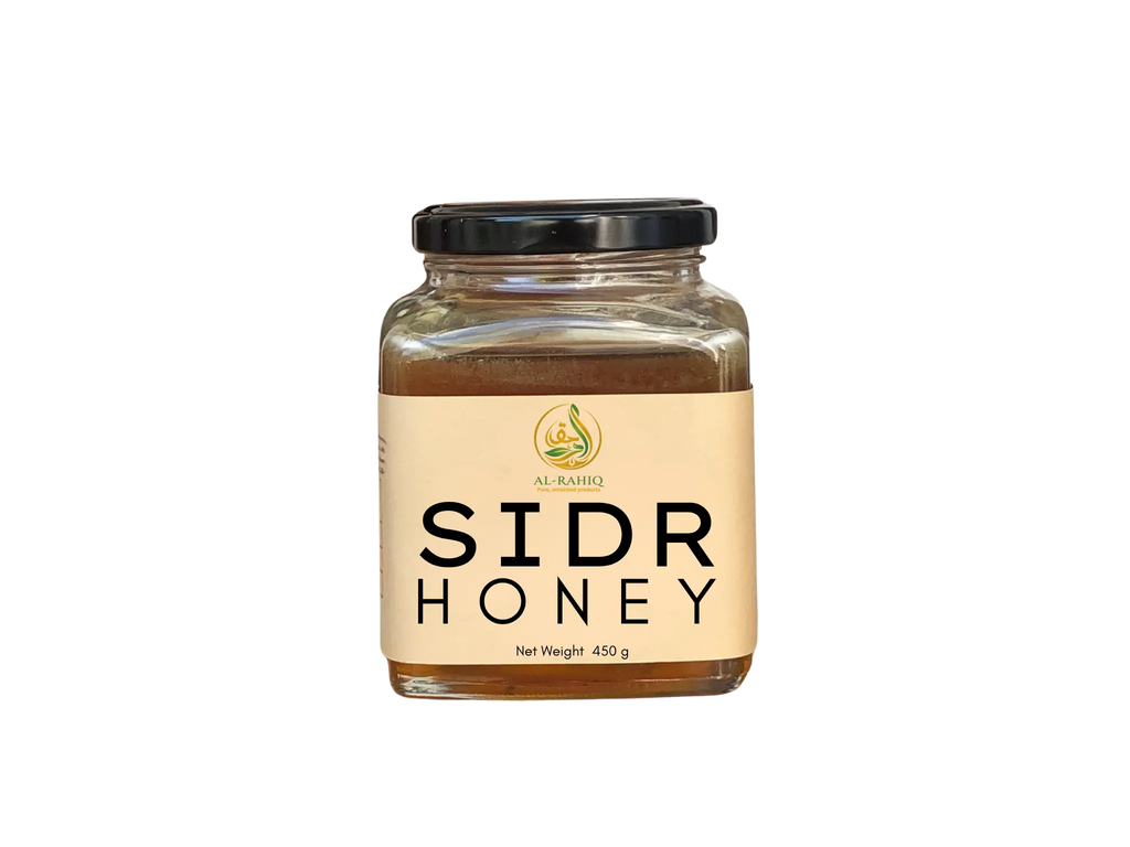 Jar of Sidr Honey with a black lid on a white background
