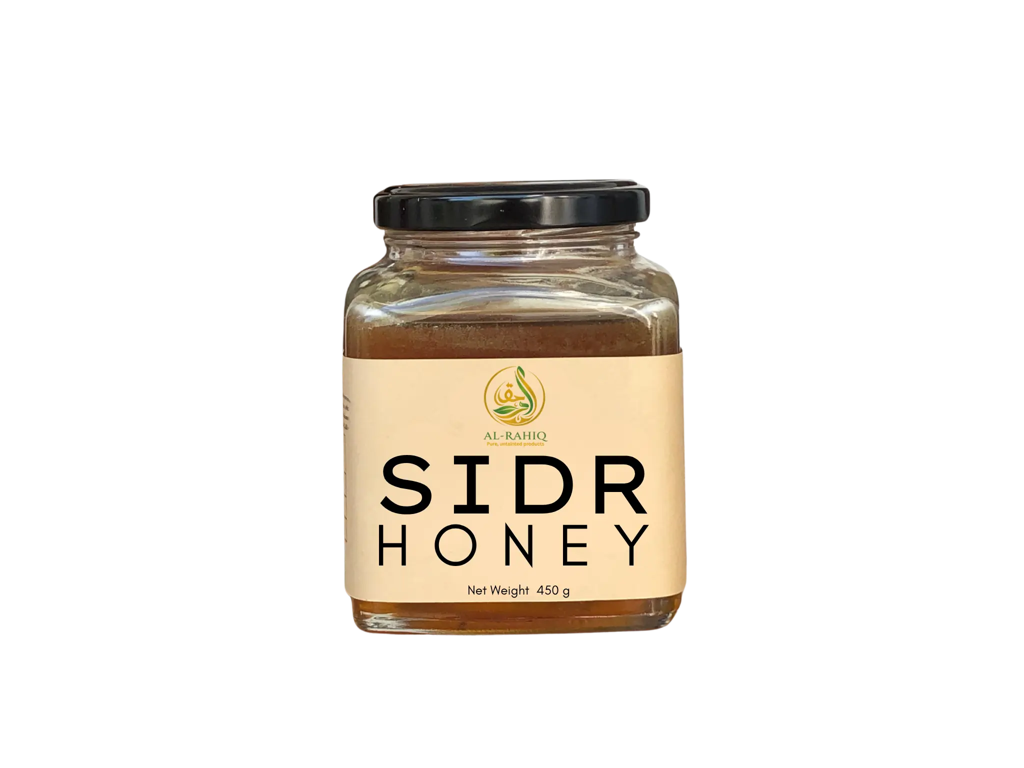 Jar of Sidr Honey with a black lid on a white background